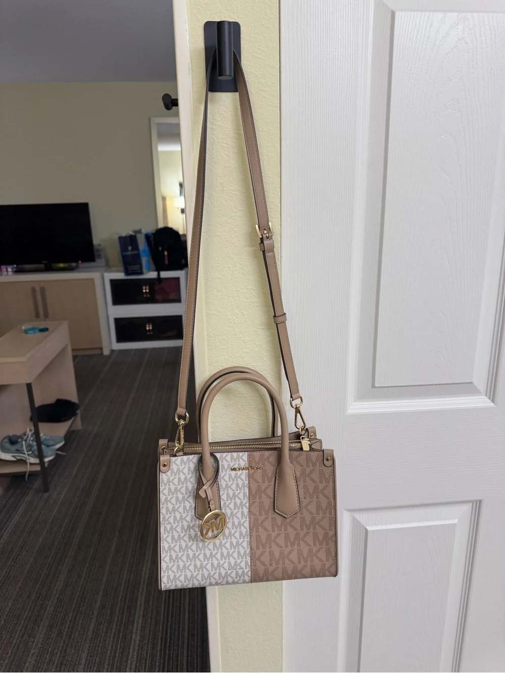Michael Kors Beige and White Logo-Print Tote with Gold Charm
